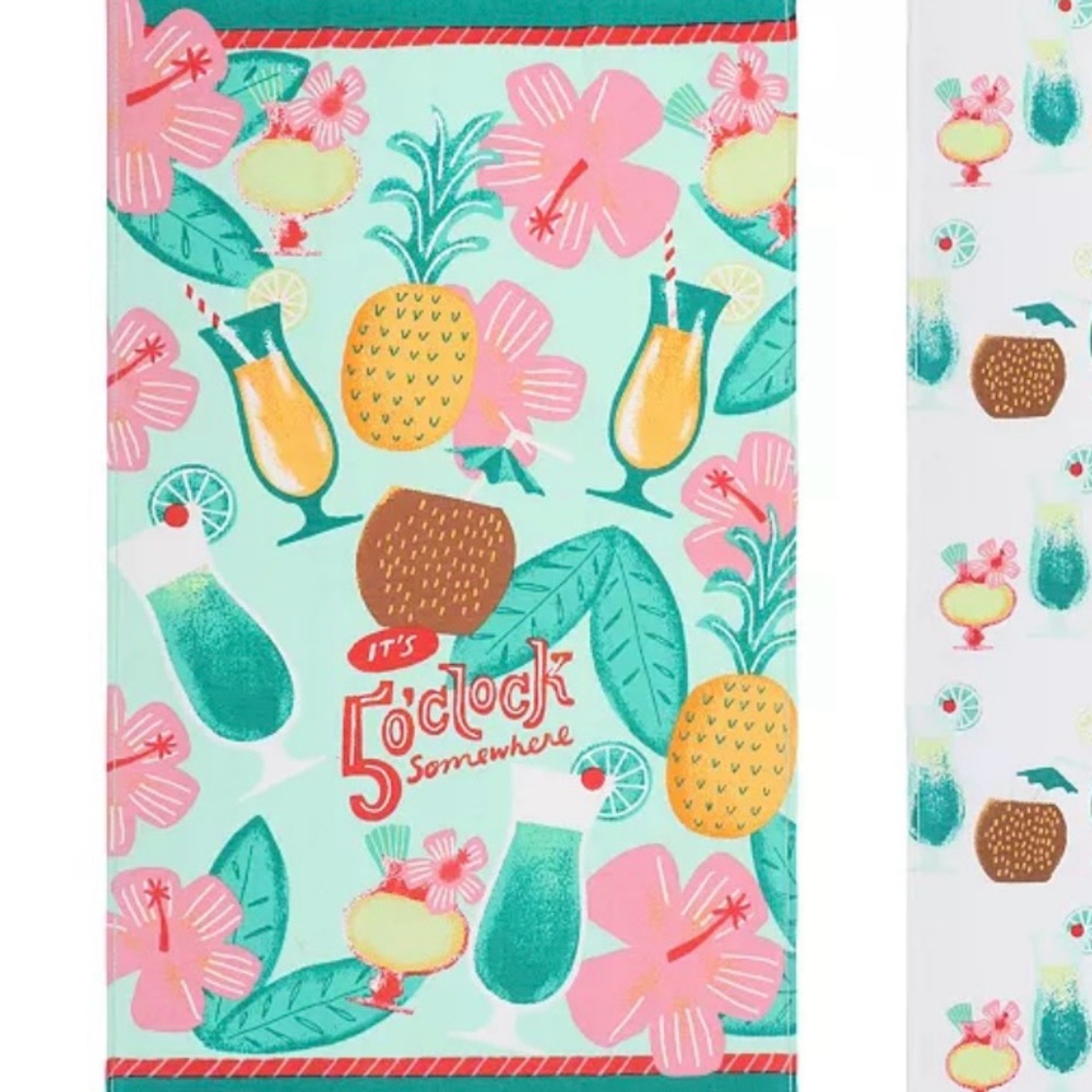 Set of 2 It’s 5 o’clock Somewhere Kitchen Towels Tropical Cocktail Drinks - Picture 3 of 4